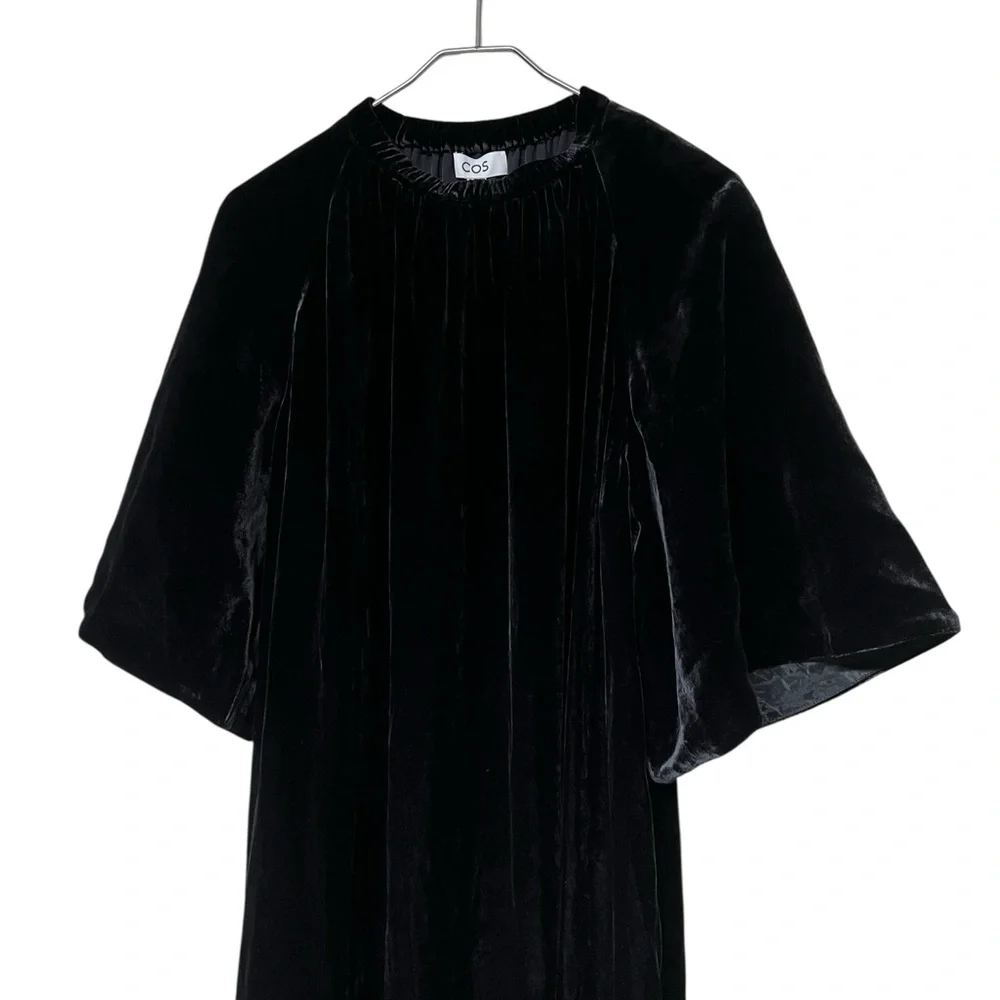 COS NWT black gathered velvet silk blend midi dress statement sleeve minimalist - Picture 4 of 13